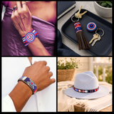 Collage of beaded leather bracelets, keychains and a hat with a beaded leather hatband from The Maasai Collection all in the red white and blue Liberty design