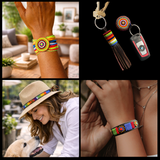 Collage of beaded leather bracelets, keychain and a decorative hat band from The Maasai Collection in the multi-coloured Sundance design