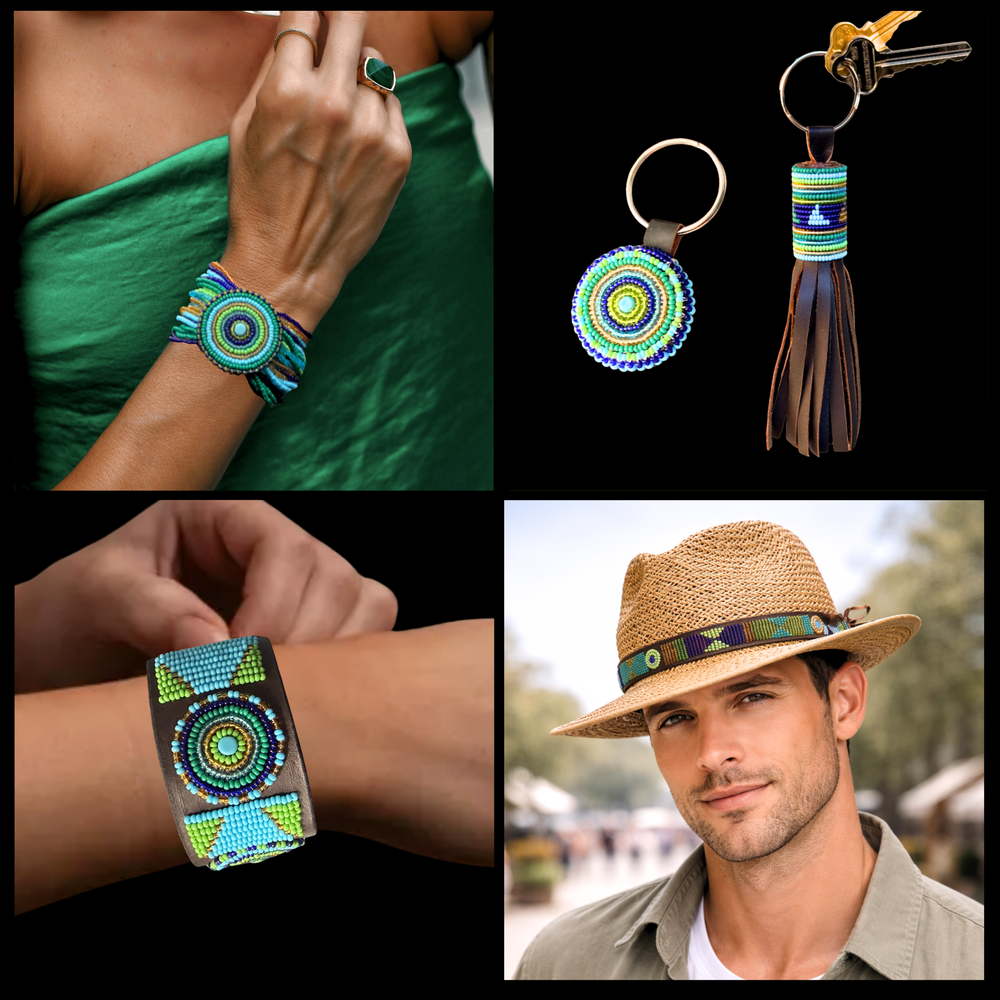 Collage of beaded leather bracelets, keychains and hatbands all beaded leather in Blue Green and Gold from The Maasai Collection Peacock design