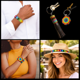 Collage of rainbow-themed beaded leather accessories including a bracelets, keychain, and hatband from The Maasai Collection