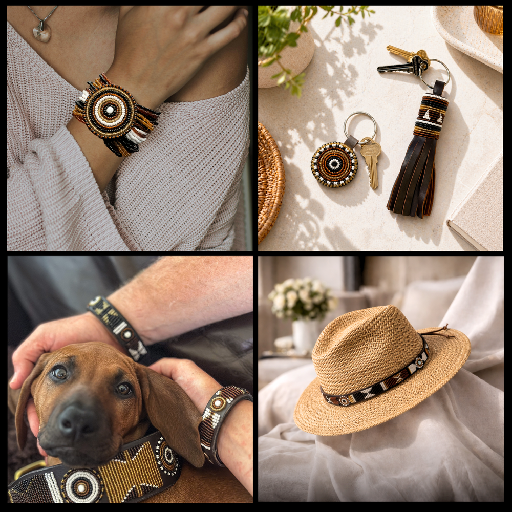 Collage of beaded leather bracelet, keychain, dog with a collar, and hat with a decorative hat band from The Maasai Collection