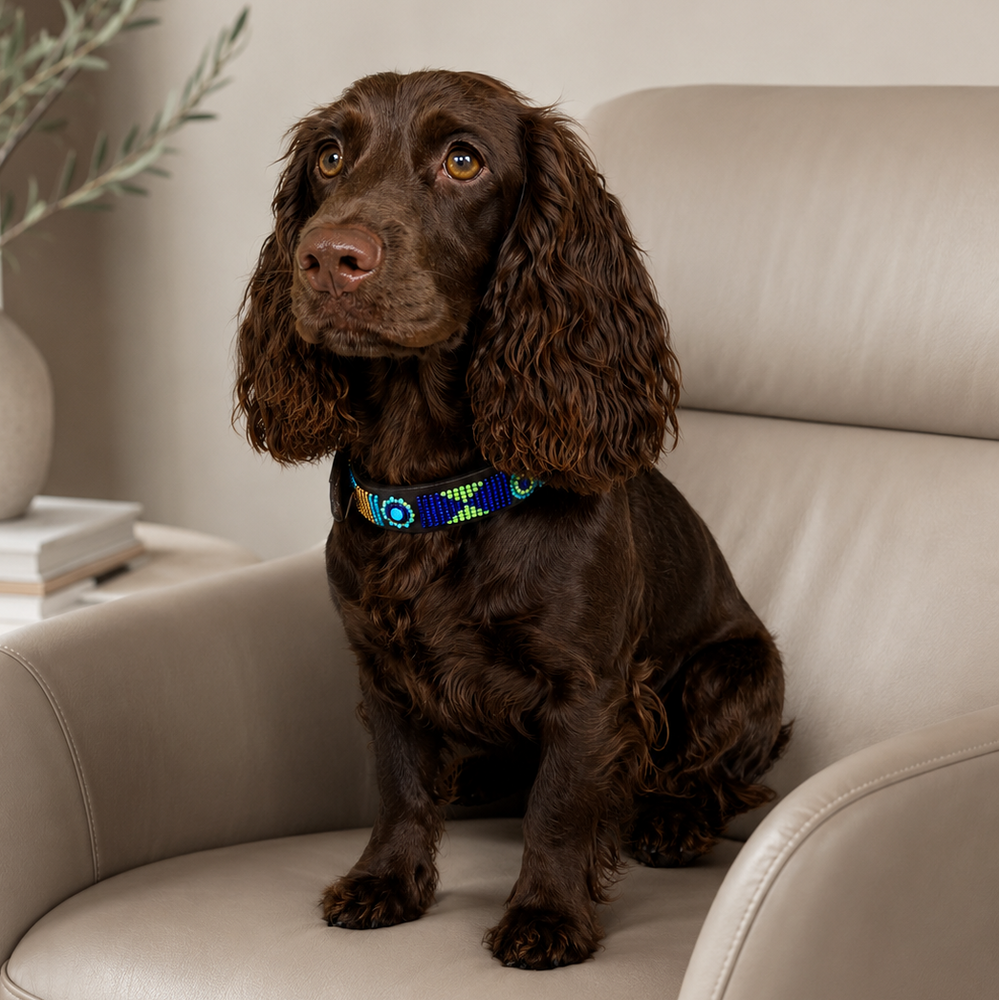 Liver Cocker Spaniel wearing peacock blue green gold beaded leather dog collar dog sitting on a beige sofa with a neutral background