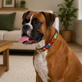 Boxer dog wearing a colorful collar in a living room setting
