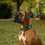 Boxer dog with a blue green and gold peacock leather beaded dog collar sitting on grass with trees in the background