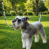 miniature schnauzer with black white and silver beaded leather collar and leash in Moonlight design handmade from The Maasai Collection