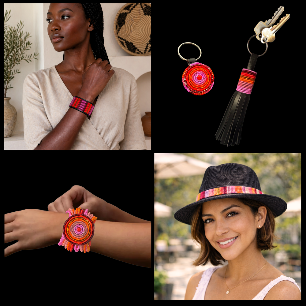 Collage of beaded leather bracelets, keychains and hatband from The Maasai Collection in the pink and gold Flamingo design