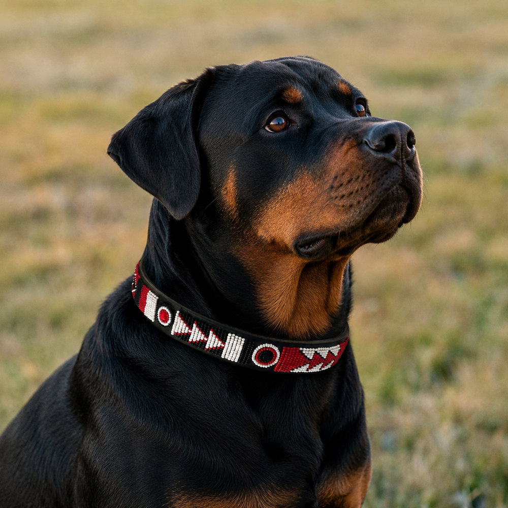 Rottweiler dog wearing a stunning red white and black beaded leather decorative collar in a grassy field
