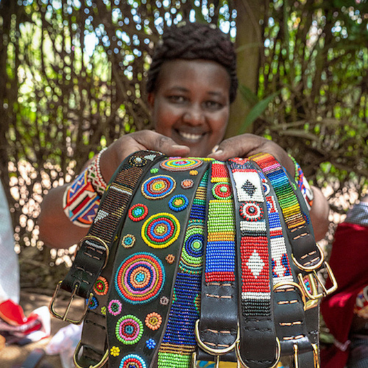 Maasai Mama with handmade beaded leather dog collars