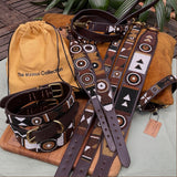 group photo of multiple different sizes and widths of brown black and gold handmade beaded leather collars from The Maasai Collection 