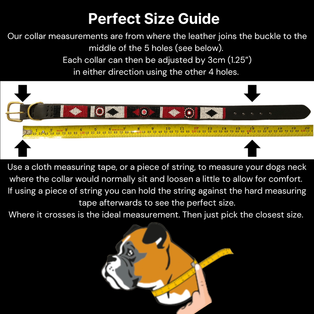 Dog collar size guide with measurements for The Maasai Collection 