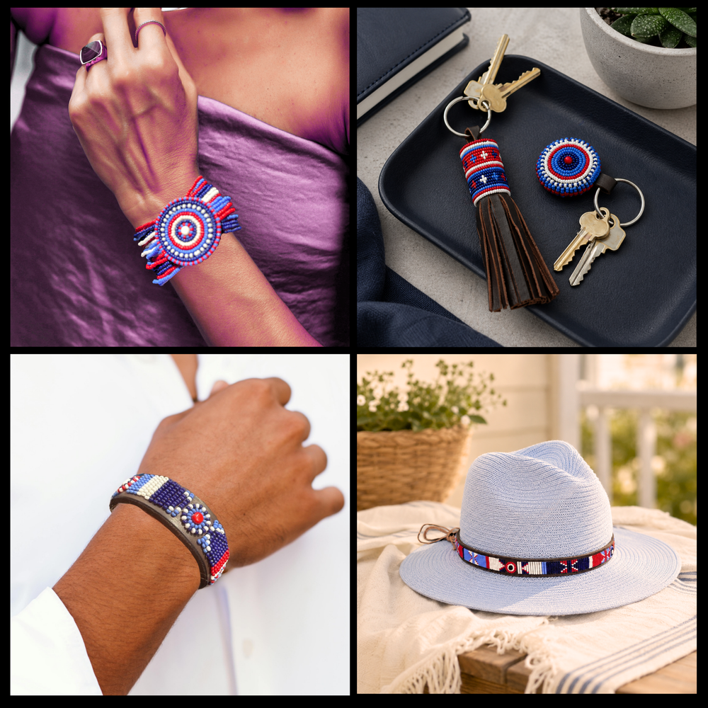 Collage of beaded leather bracelets, keychains and a hat with a beaded leather hatband from The Maasai Collection all in the red white and blue Liberty design