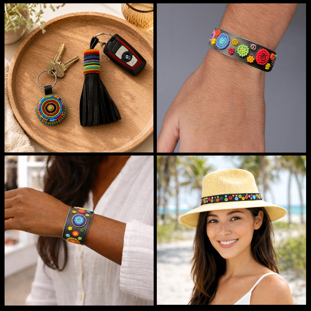 Collage of beaded leather bracelets, keychains and a hatband from The Maasai Collection all in the multi-coloured Solaris  design