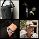 Collage of beaded leather bracelets, keychains and a hat with a beaded leather hatband from The Maasai Collection all in the black white and silver Moonlight design