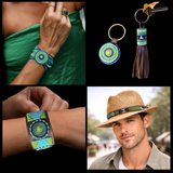 Collage of beaded leather bracelets, keychains and hatbands all beaded leather in Blue Green and Gold from The Maasai Collection Peacock design