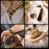 Collage of beaded leather bracelet, keychain, dog with a collar, and hat with a decorative hat band from The Maasai Collection