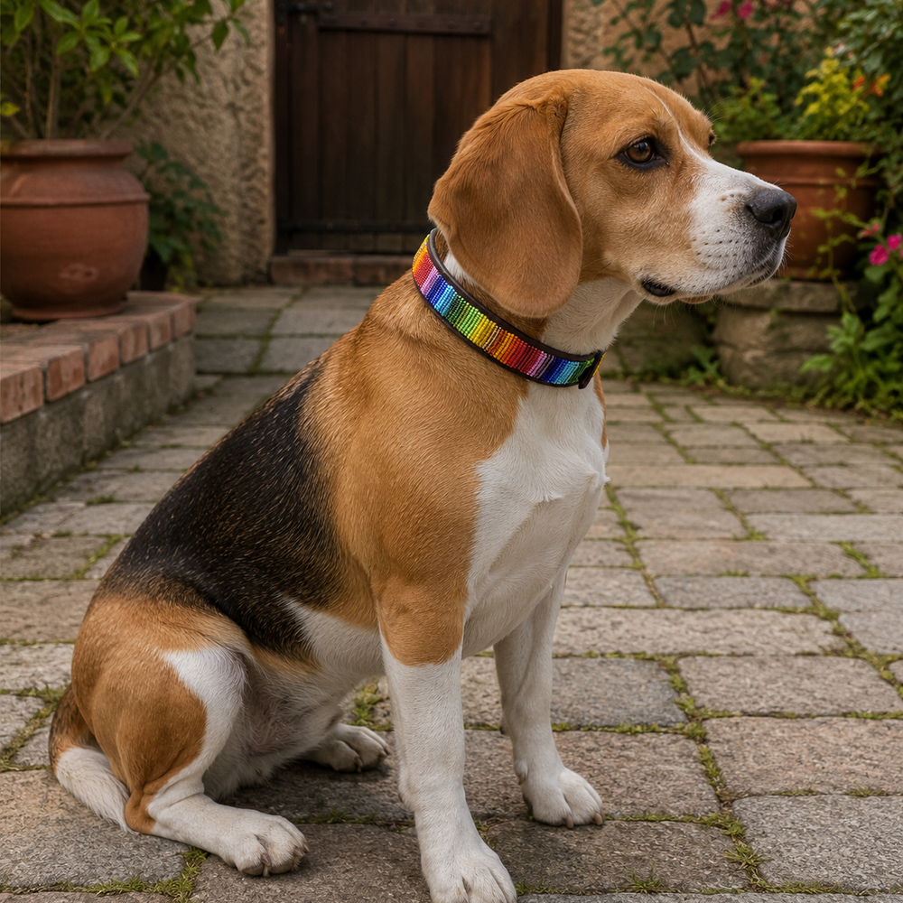 Beagle wearing a rainbow beaded leather collar sitting on a paved patio.