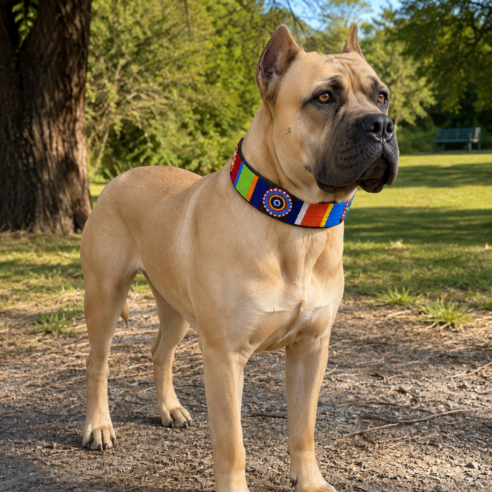 Cane Corso wearing a colorful beaded leather collar standing outdoors on a path with trees in the background