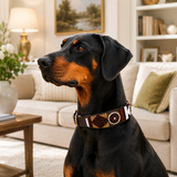Dog wearing a stunning brown black gold beaded leather collar in a living room setting