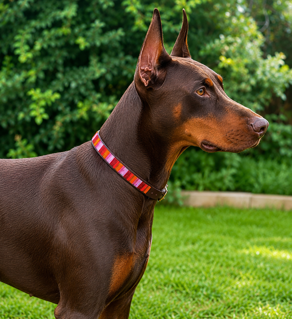Doberman Pinscher wearing a colorful pink collar in a grassy outdoor setting