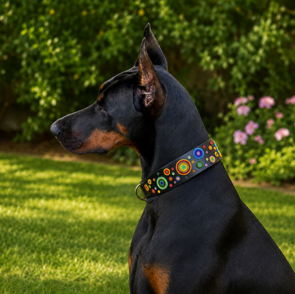 doberman wearing a colorful beaded leather collar in a garden setting