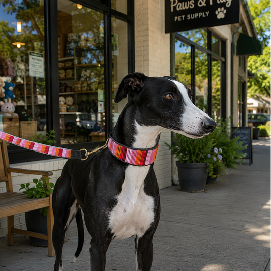 Black and white greyhound in pink beaded leather collar and leash 