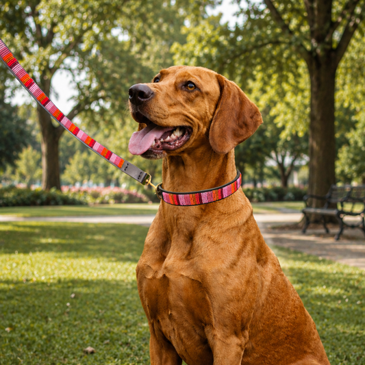 large dog with pink and gold beaded leather collar and leash in Flamingo design handmade by The Maasai Collection 