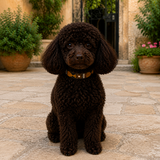 Brown Miniature poodle wearing brown black and gold beaded leather collar
