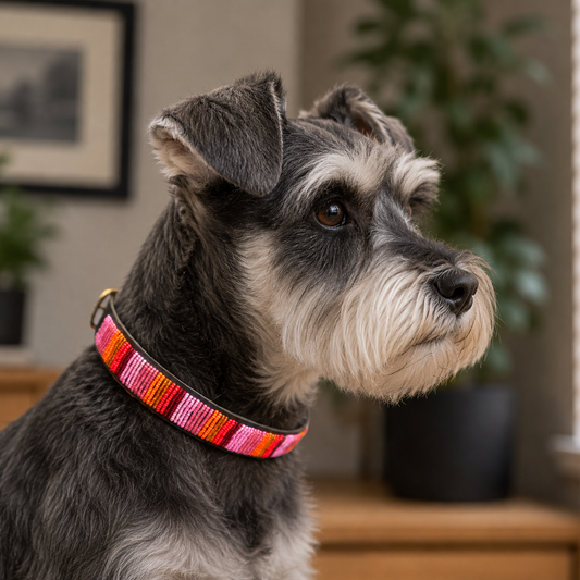 female miniature schnauzer wearing a bright pink beaded leather collar in an indoor setting