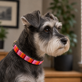 female miniature schnauzer wearing a bright pink beaded leather collar in an indoor setting