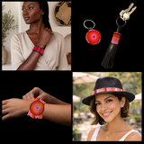 Collage of beaded leather bracelets, keychains and hatband from The Maasai Collection in the pink and gold Flamingo design