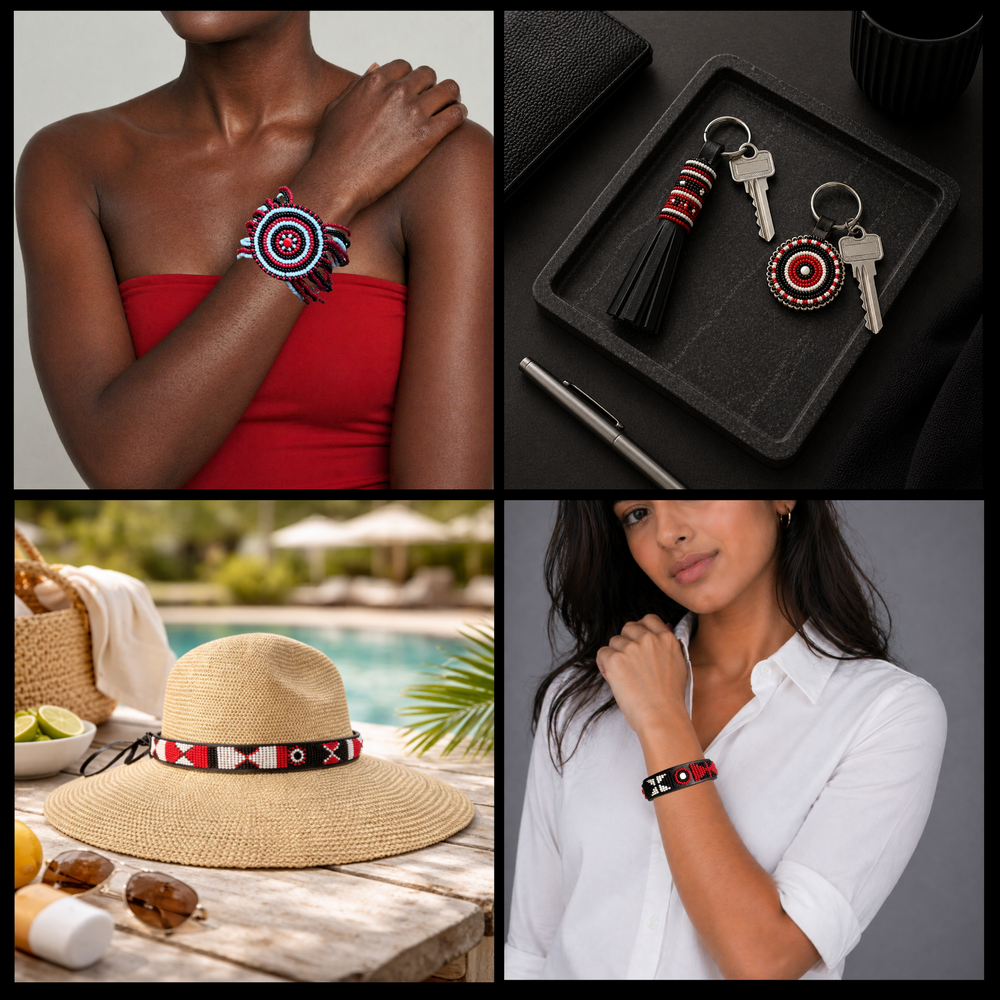 Collage of beaded leather bracelets, keychains and a beaded leather hatband from The Maasai Collection all in the red white and black Pride design