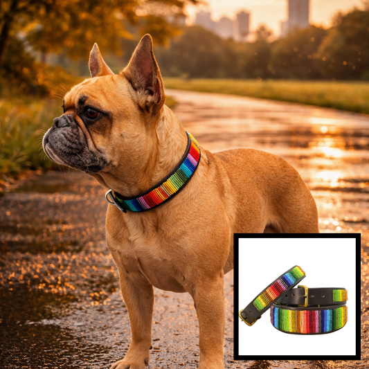 dog wearing a rainbow design multi-coloured handmade beaded leather dog collar from The Maasai Collection 