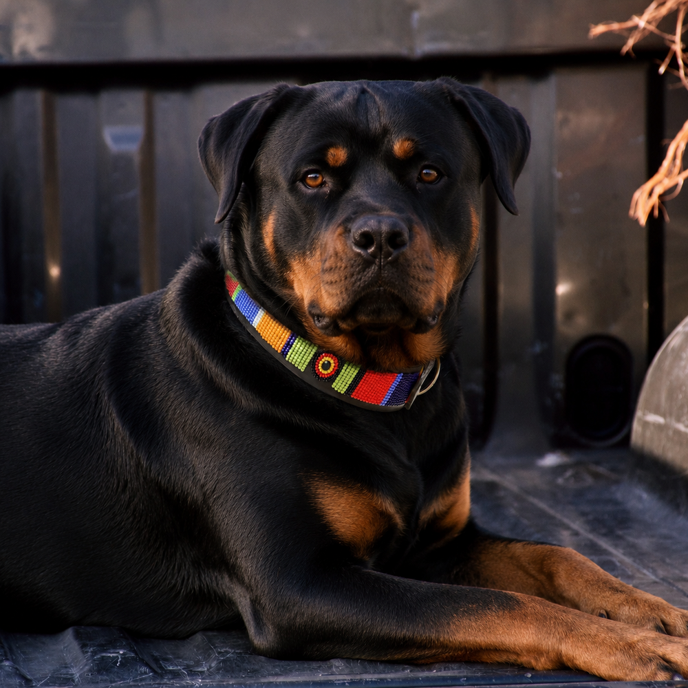 Rottweiler wearing a colorful beaded leather collar sitting on a surface with a dark background