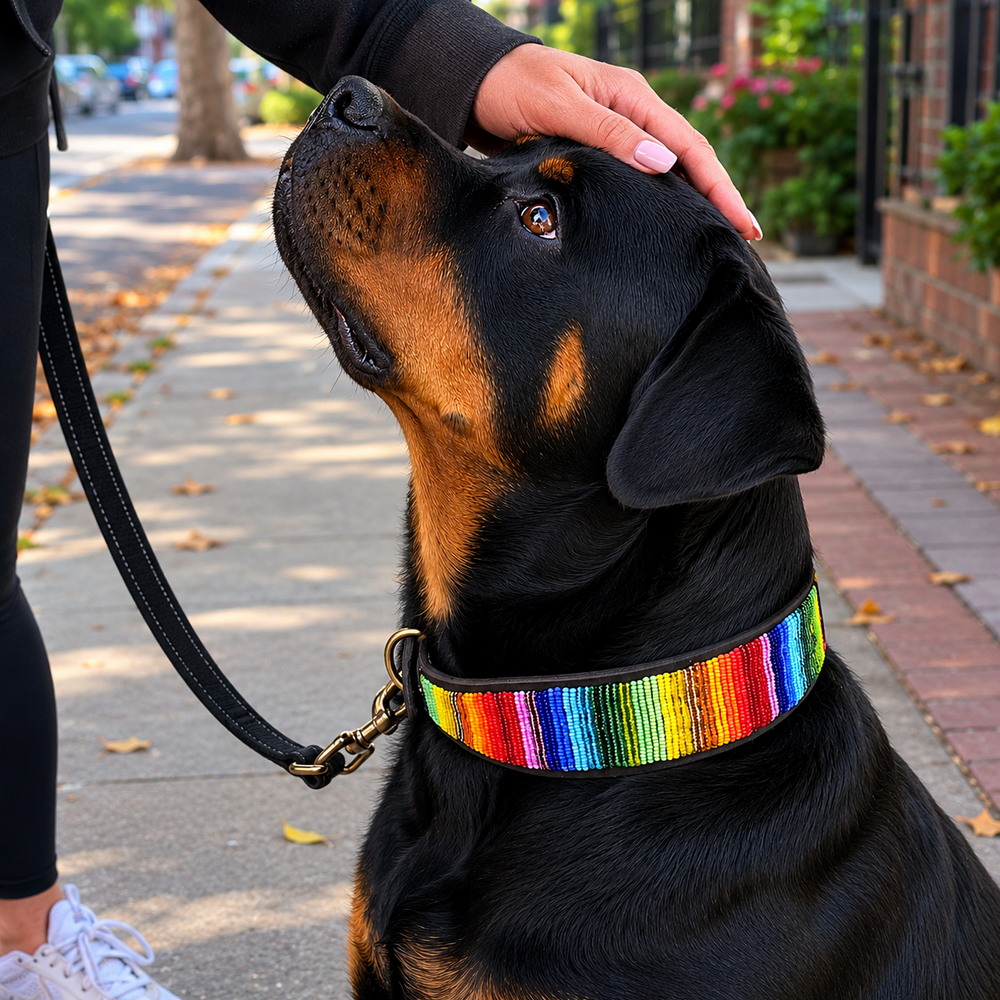 Rottweiler Dog wearing a colorful rainbow design beaded leather collar