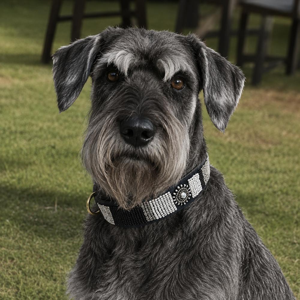 Standard Schnauzer wearing a black white and silver beaded leather collar