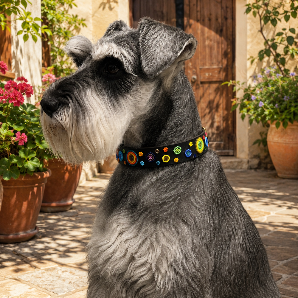 Gray schnauzer wearing a colorful beaded leathercollar sitting on a stone patio with potted plants.