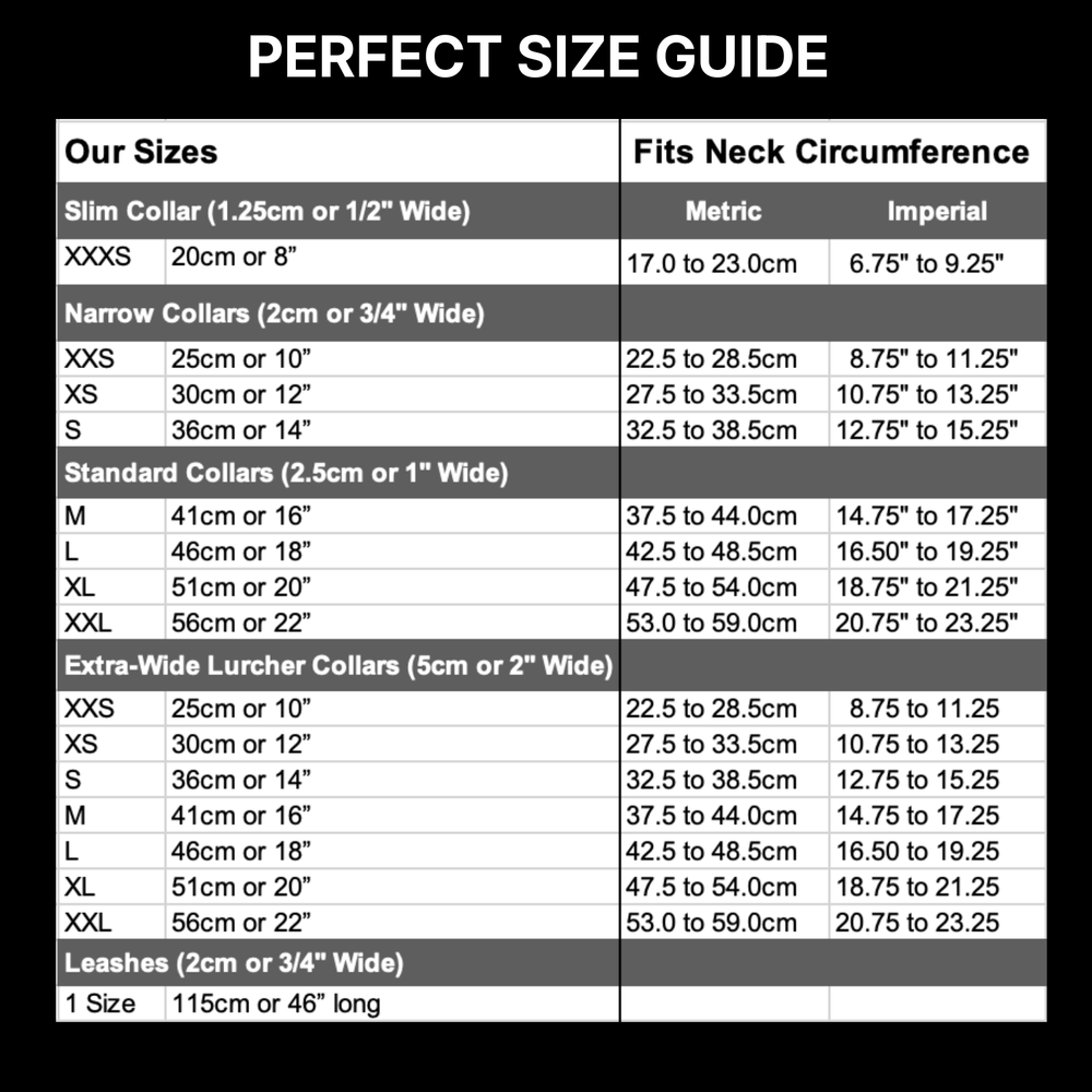 Size guide chart for dog collars with neck circumference measurements for a Perfect Size Guarantee for The Maasai Collection 