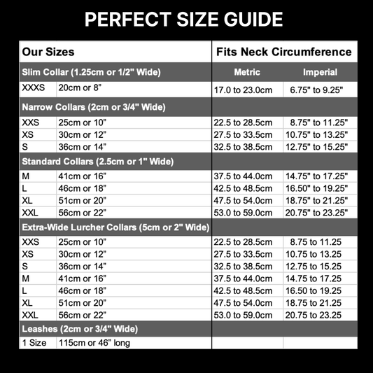Size guide chart for dog collars with neck circumference measurements for a Perfect Size Guarantee for The Maasai Collection 