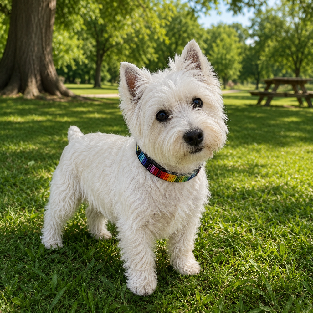 West Highland White dog wearing beautiful beaded leather Rainbow collar standing on grass with trees in the background